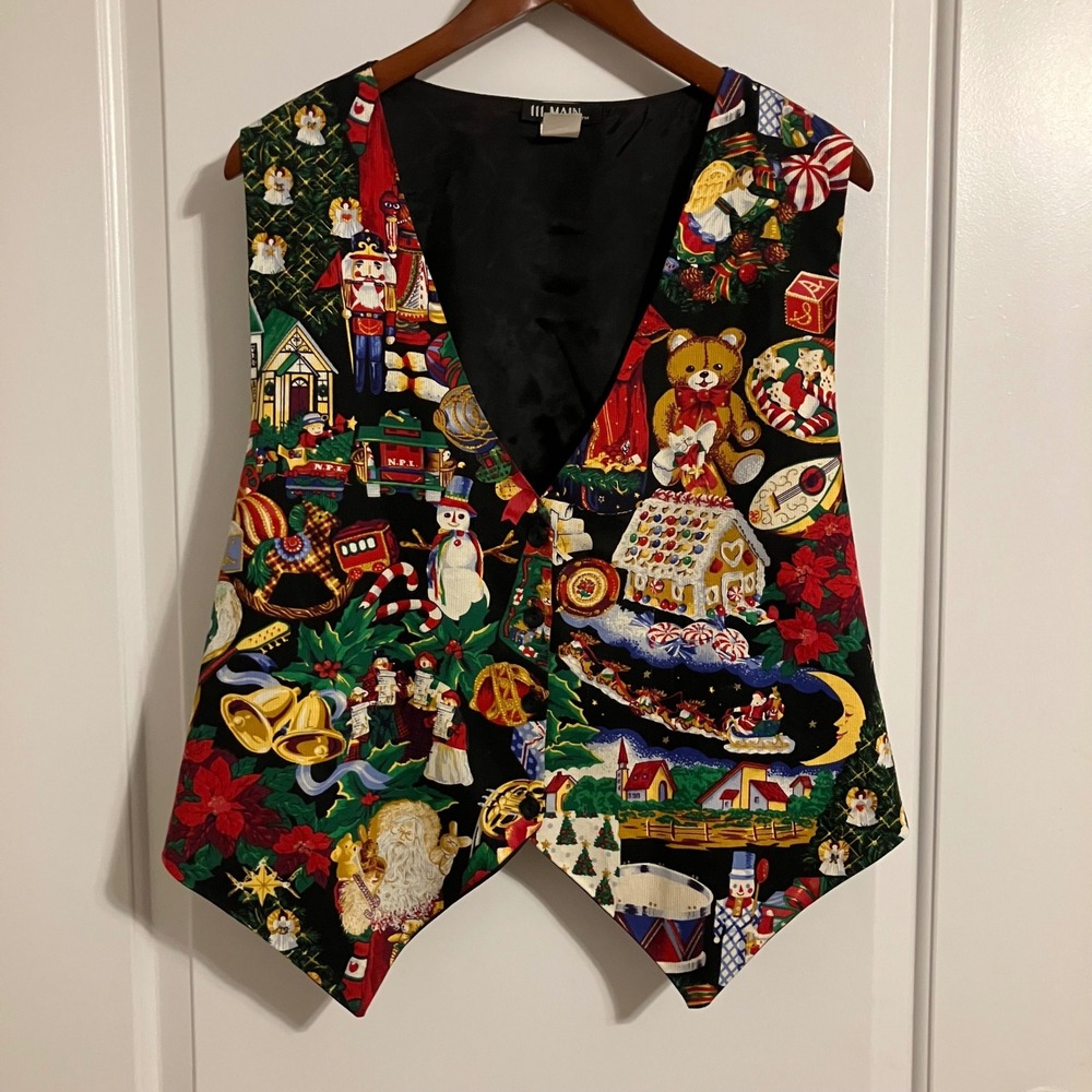 Vintage 111 Main Christmas Holiday Vest Santa Nutcracker Novelty Print 2X Black